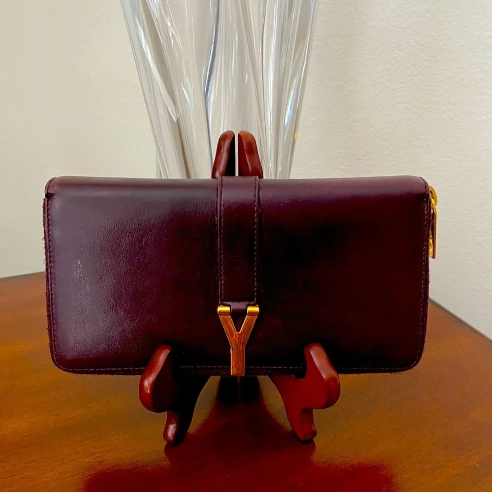 YSL “Y” Zip Around Wallet Calfskin Leather Dark Purple Brass Logo EUC